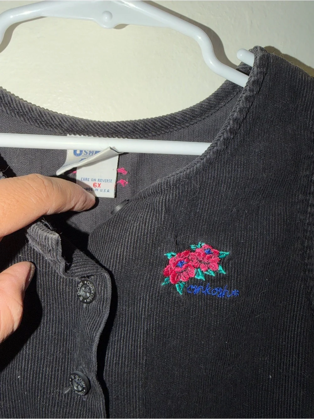 VTG Oshkosh Corduroy Jumper Dress Black Logo Flower Buttons Size 6 USA Girl's